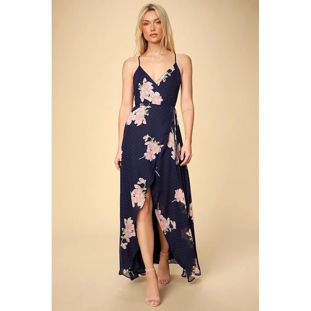 Lulus Navy Blue Floral Polka Dot Loiselle Wrap Boho Romantic Maxi Dress Size M - Picture 1 of 9